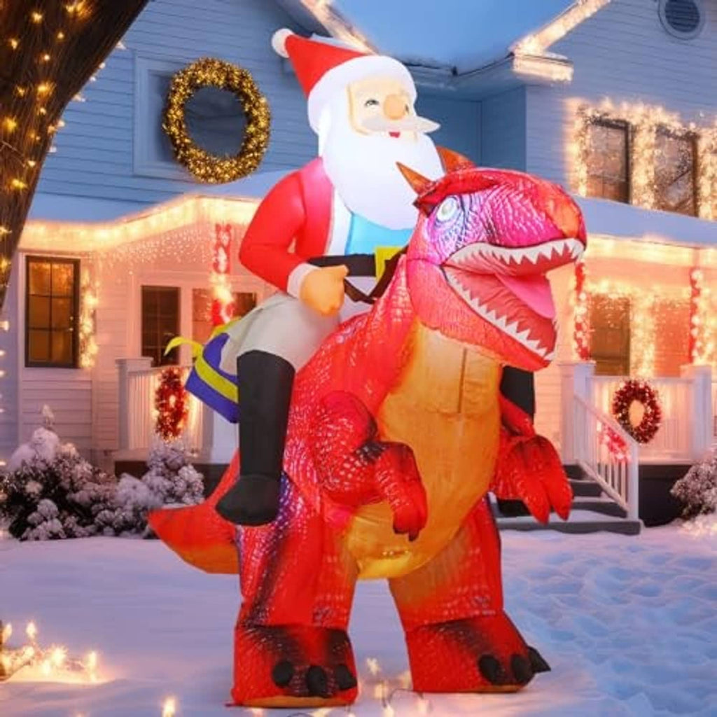 Inflatable Santa riding red dinosaur, red hat and suit with green gift bag, yard decor