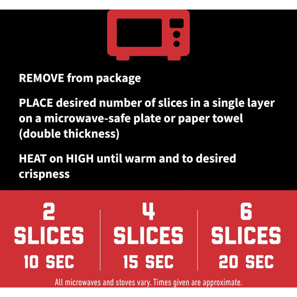 Microwave cooking instructions panel for thick cut bacon, showing slice counts and times