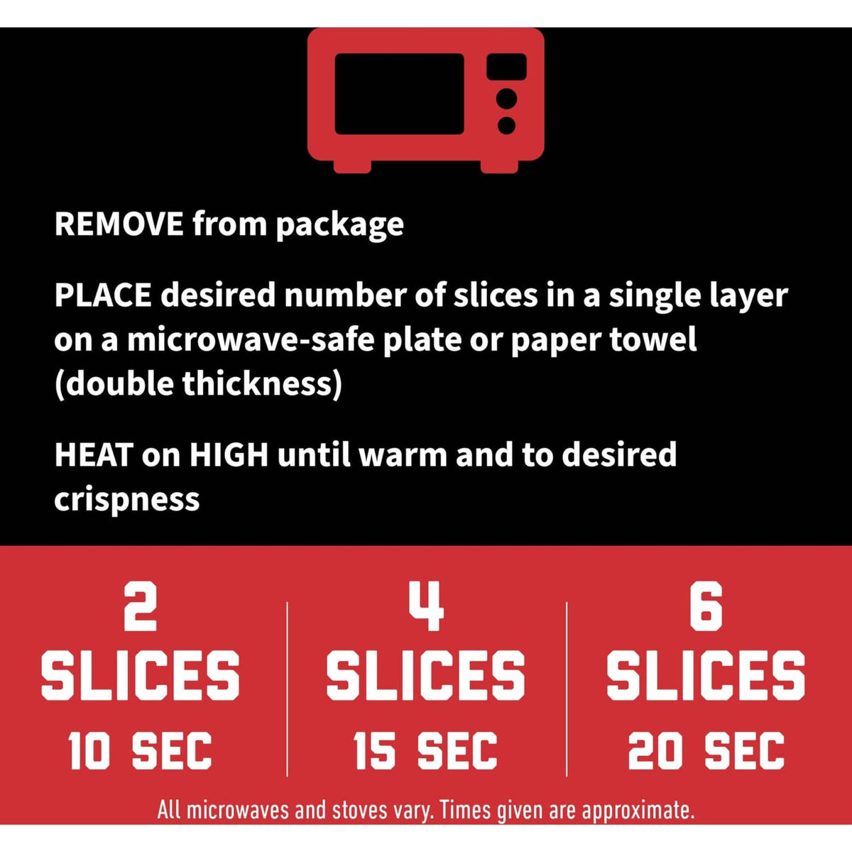 Microwave cooking instructions panel for thick cut bacon, showing slice counts and times