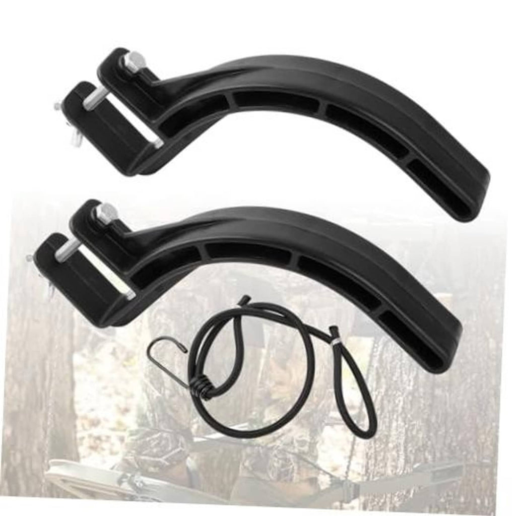 Climbing tree stand stirrups with elastic rope, two black horseshoe-style brackets