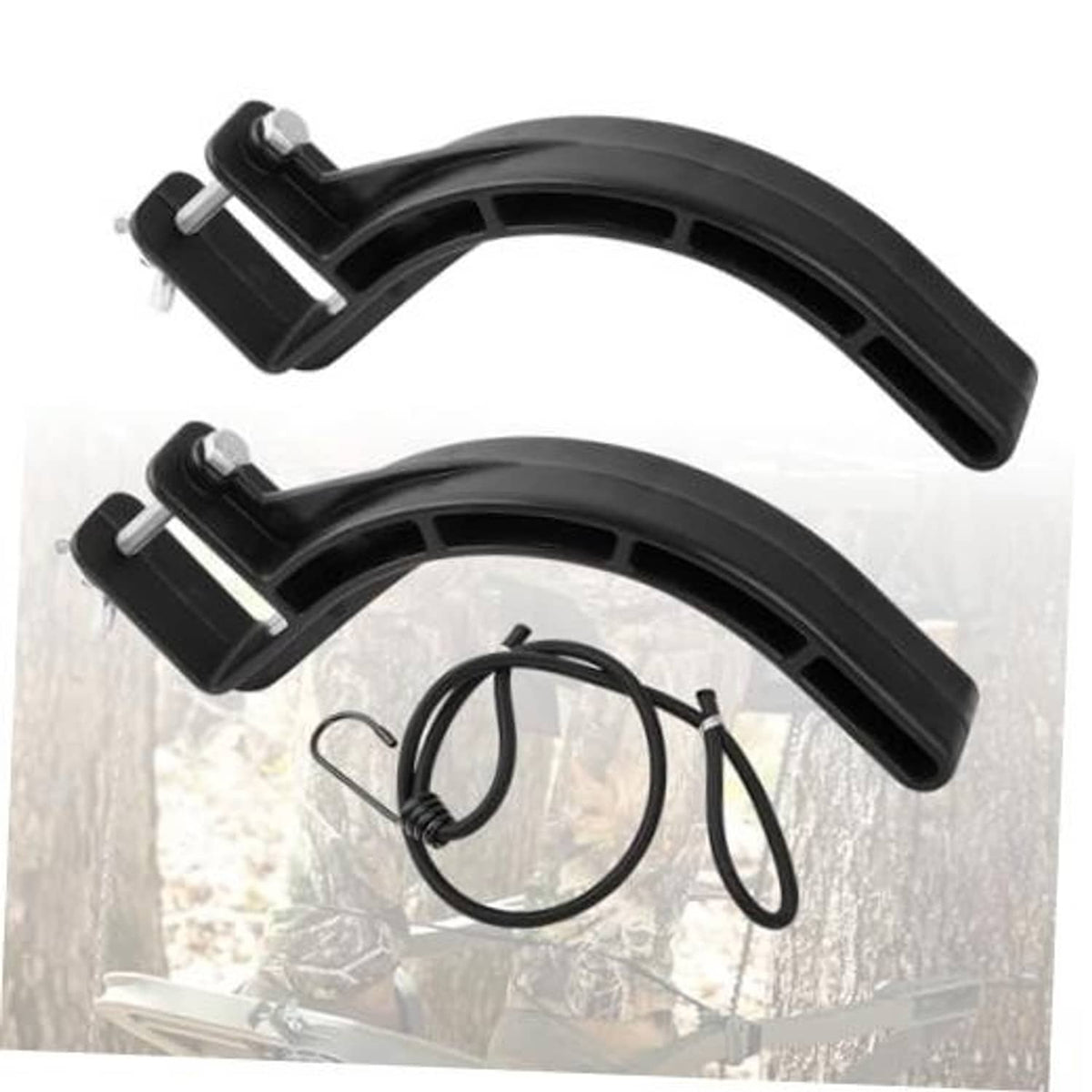 Climbing tree stand stirrups with elastic rope, two black horseshoe-style brackets