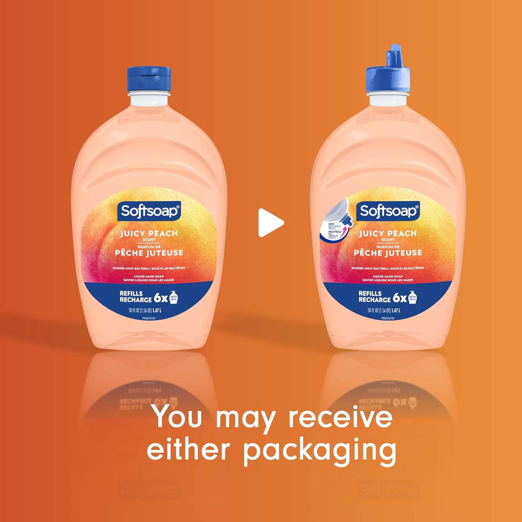 Two Softsoap juicy peach liquid hand soap refill bottles with blue caps