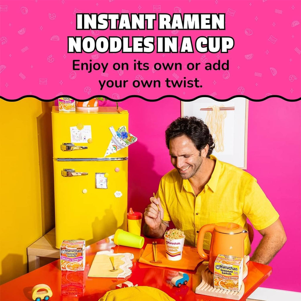 Maruchan Instant Lunch ramen noodle cup set on tray for quick cup preparation