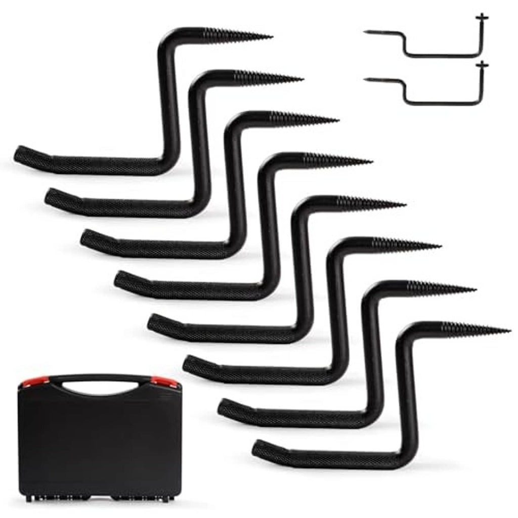 Multiple black screw-in tree steps with textured handle curve and gray storage case