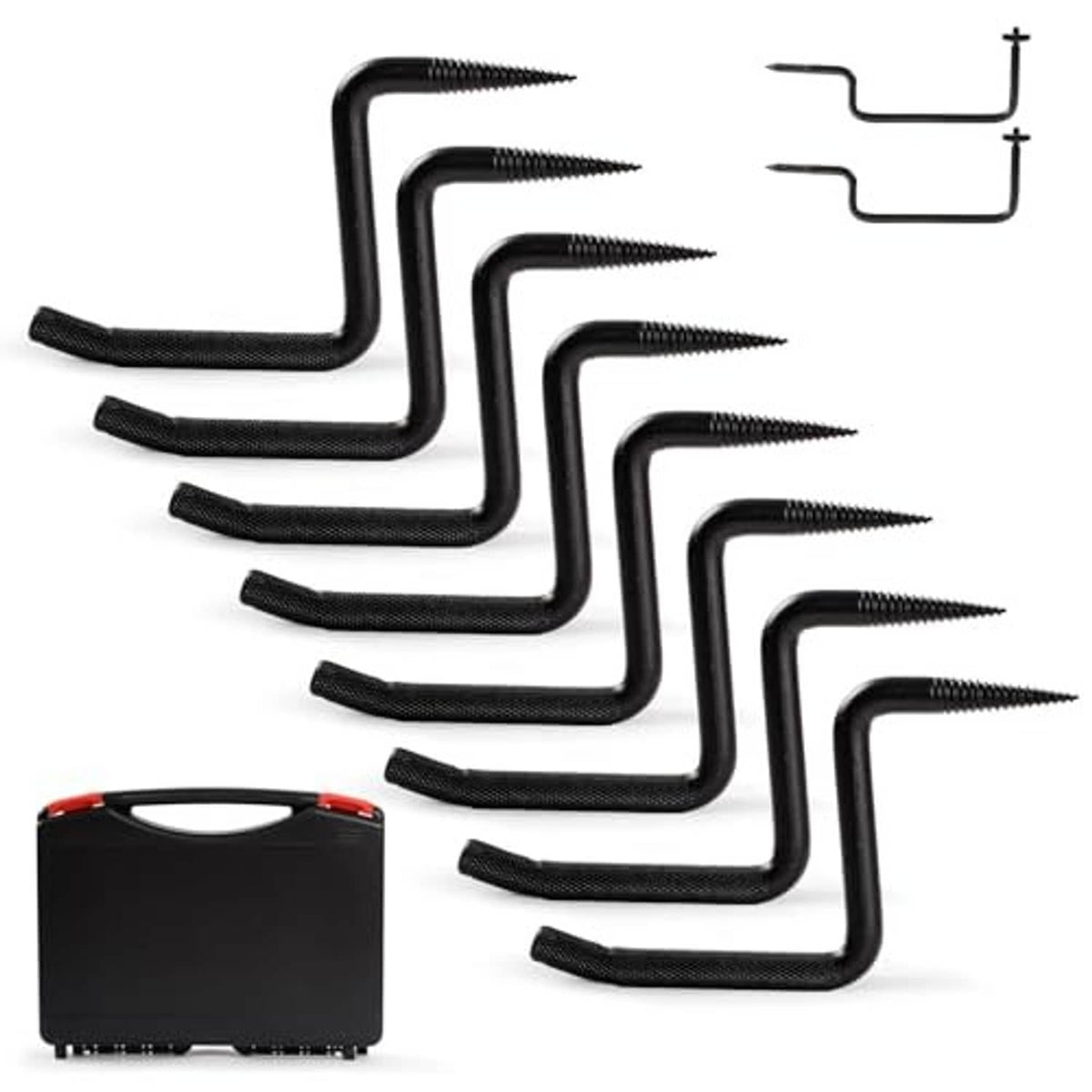 Multiple black screw-in tree steps with textured handle curve and gray storage case