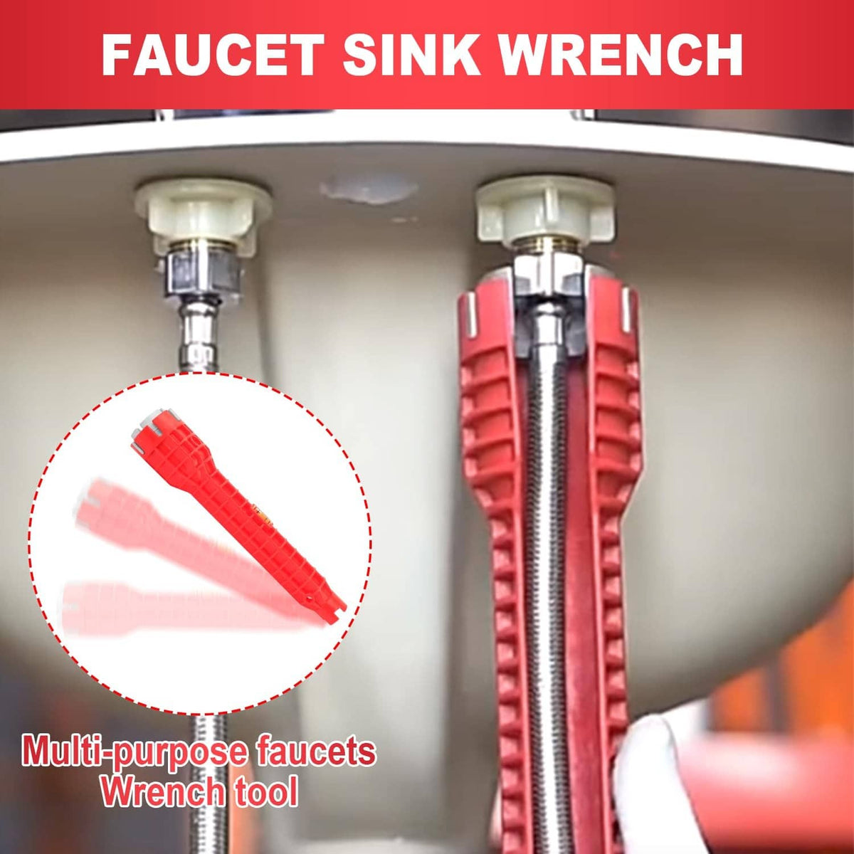 Red multi-purpose faucet sink wrench tool with threaded shaft and top mounting head