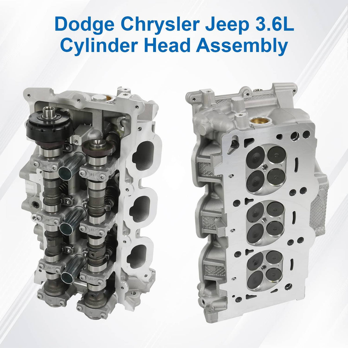 Cylinder head assembly pair showing valve train and combustion ports, silver/gray housings
