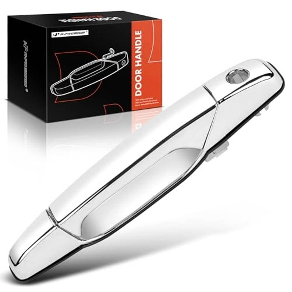 Chrome exterior door handle for front left use, silver metal-look ABS finish.