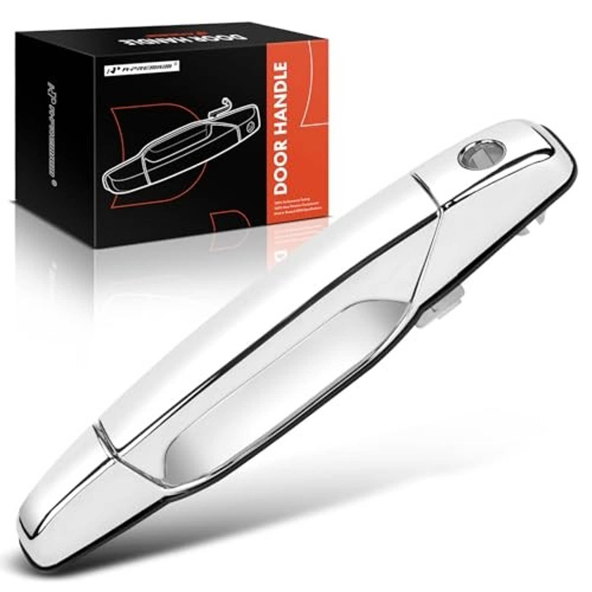 Chrome exterior door handle for front left use, silver metal-look ABS finish.