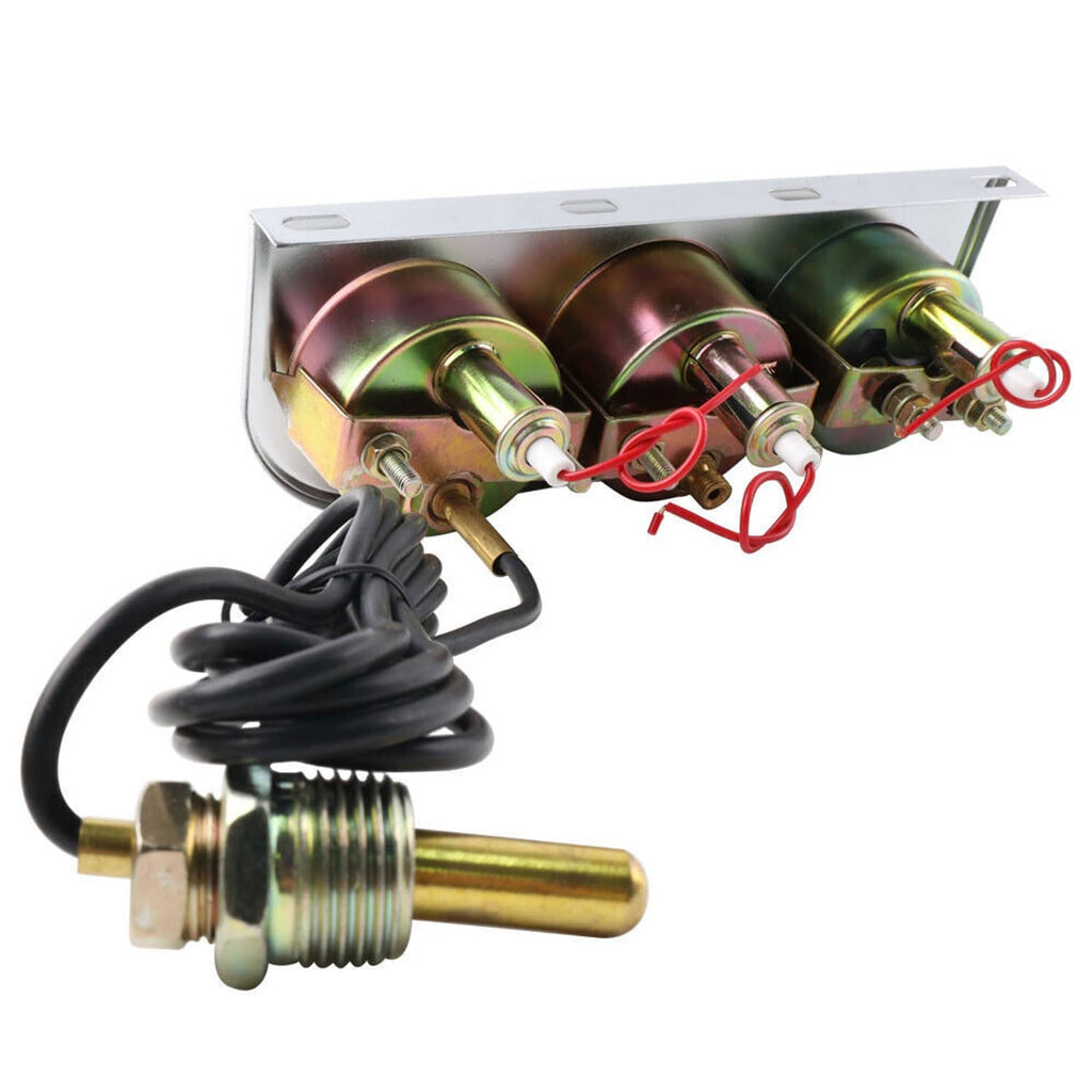 3 gauge assembly with sensors and red/black wiring, metal backplate