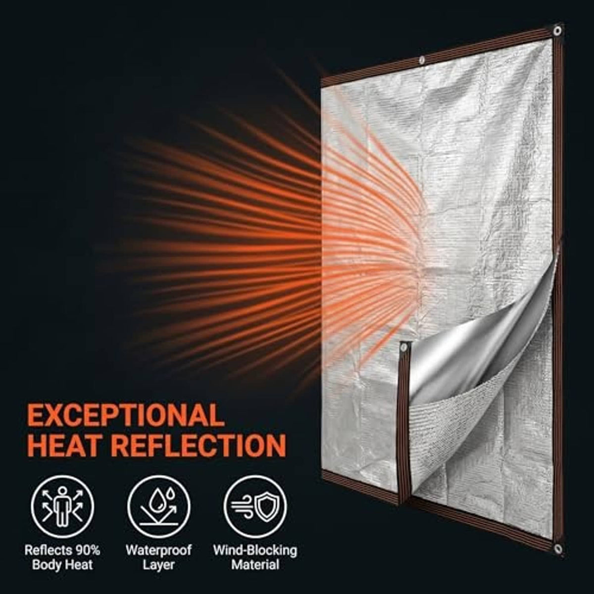 Reflective aluminum shade cloth screen with brown straps and grommets, shown side-by-side