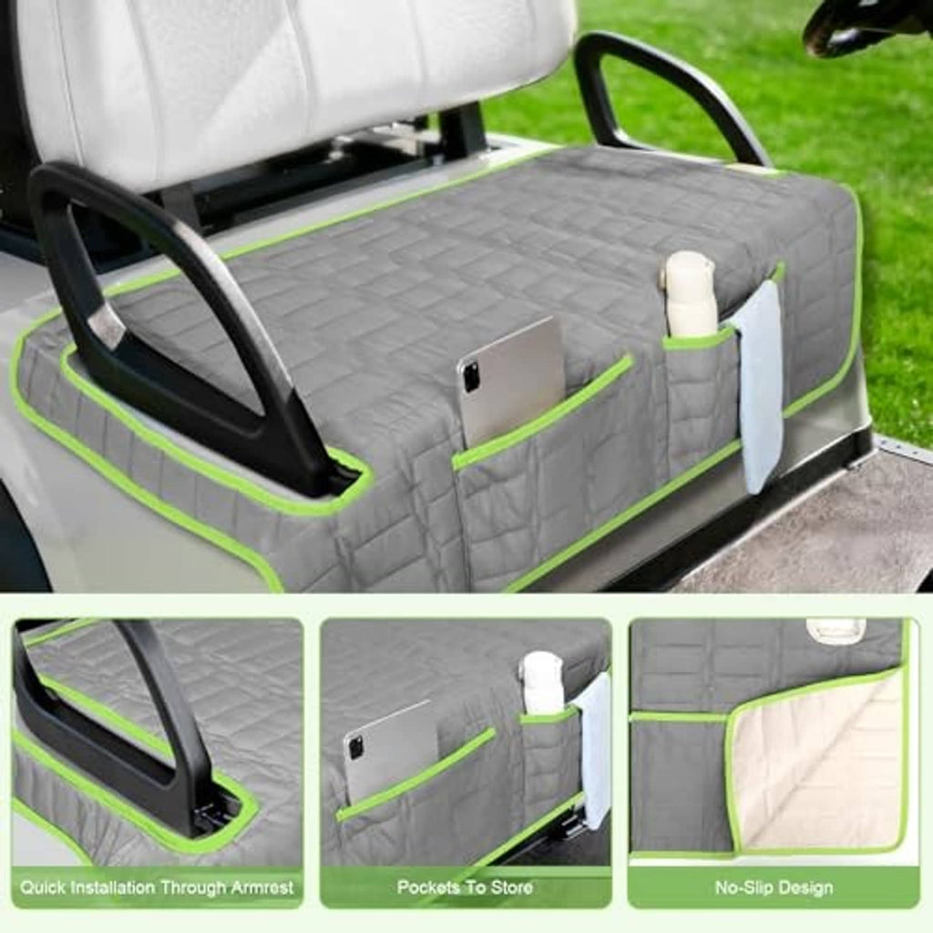 Gray quilted golf cart seat cover with green piping, pocket, and non-slip design