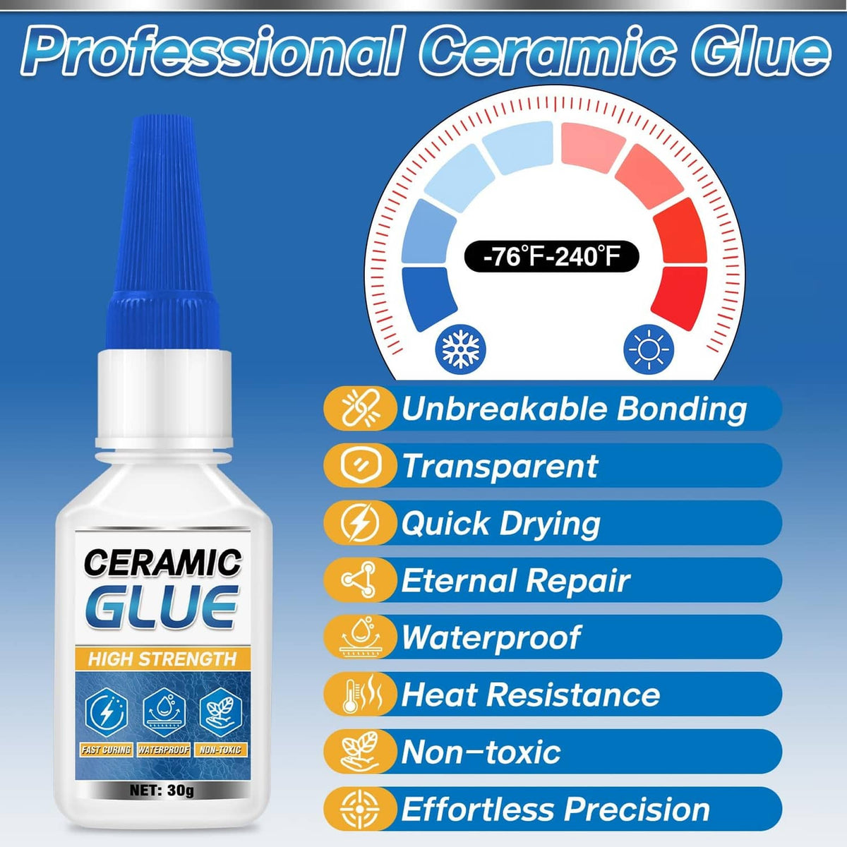 Ceramic glue repair bottle with blue cap and feature icons for transparent, quick waterproof repair