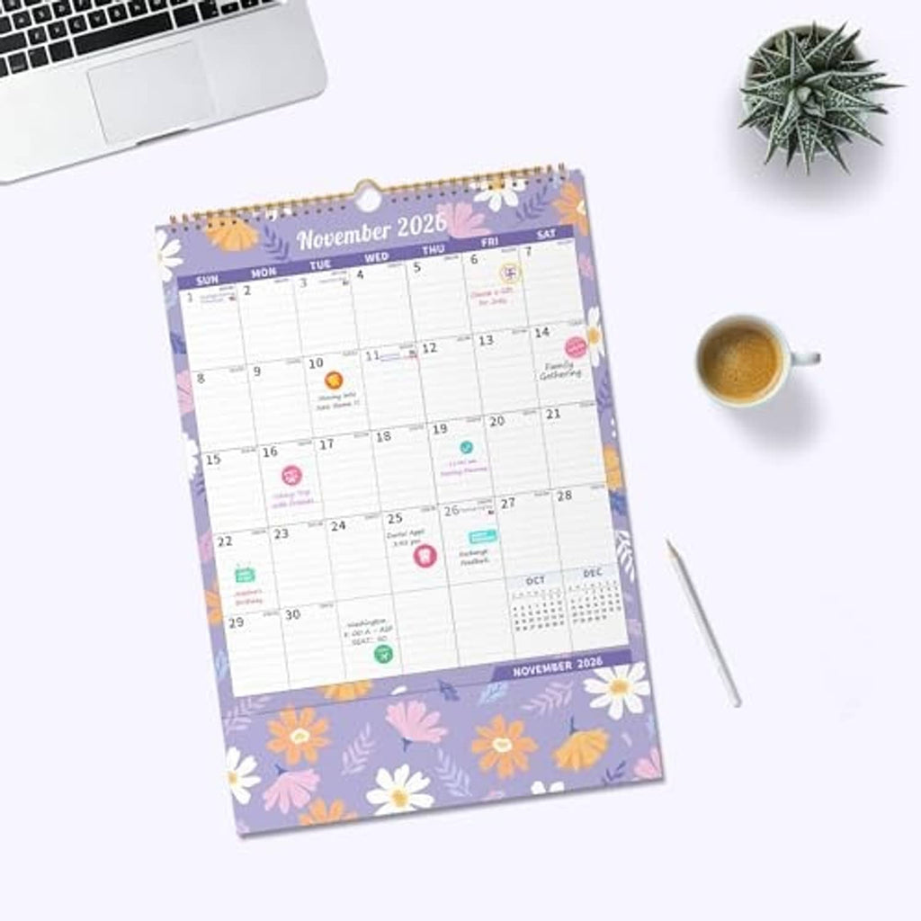 Floral wall calendar page for November 2026, spiral bound, laid flat