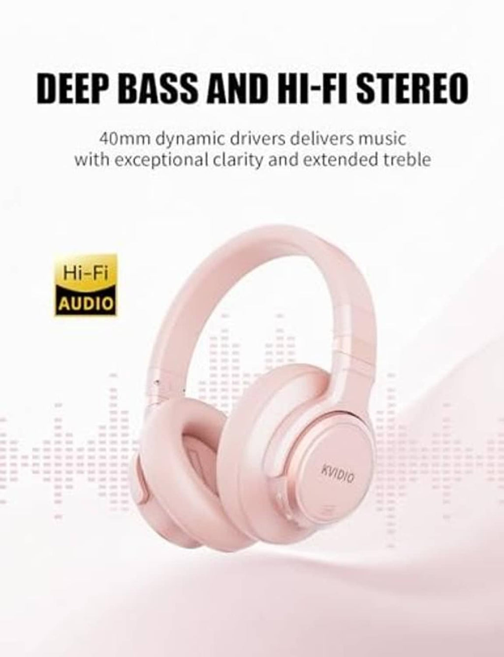 Pink over-ear headphones with KVIDIO earcups for deep bass and stereo audio