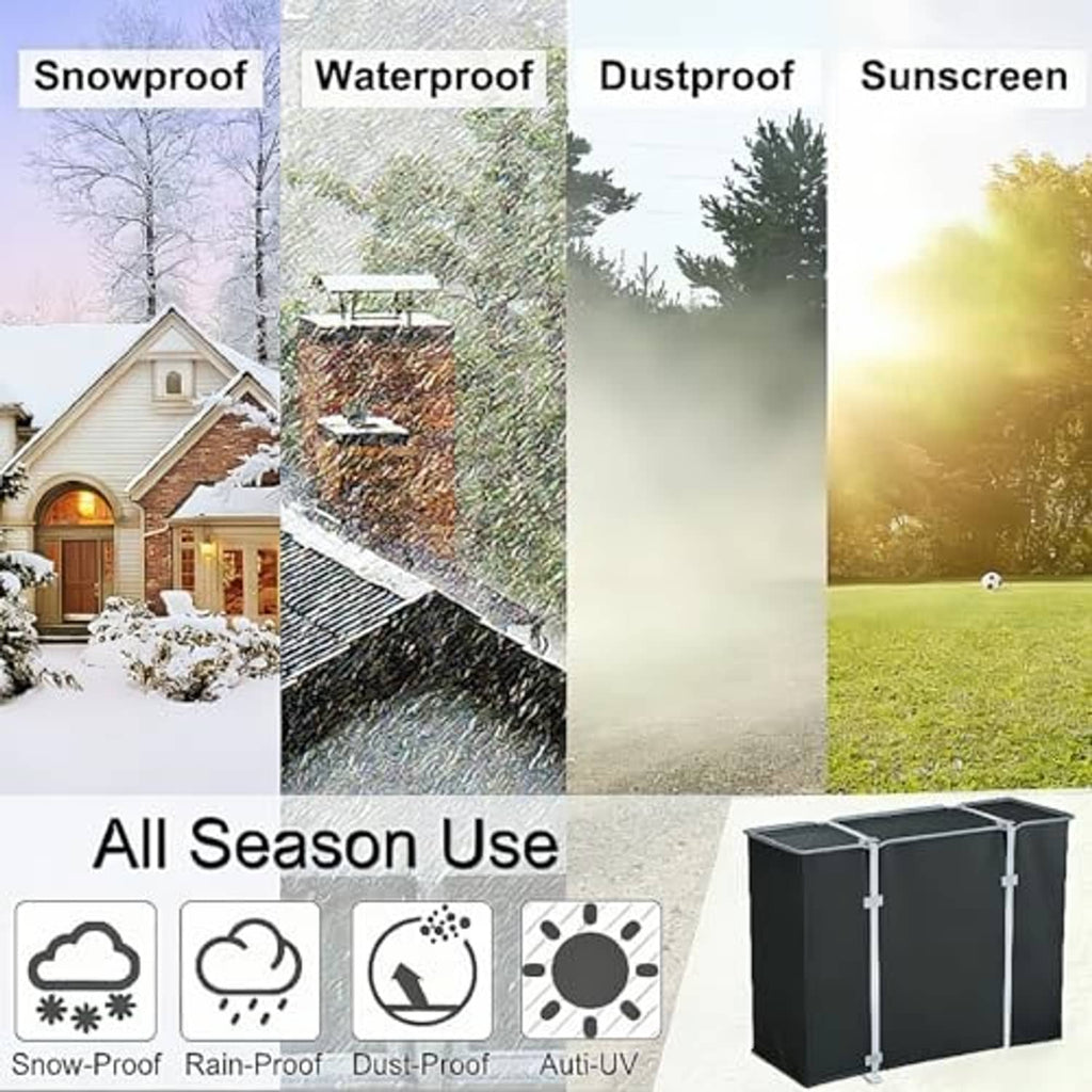 Mini split AC cover in dark fabric with four corner straps, for outdoor all-season use.