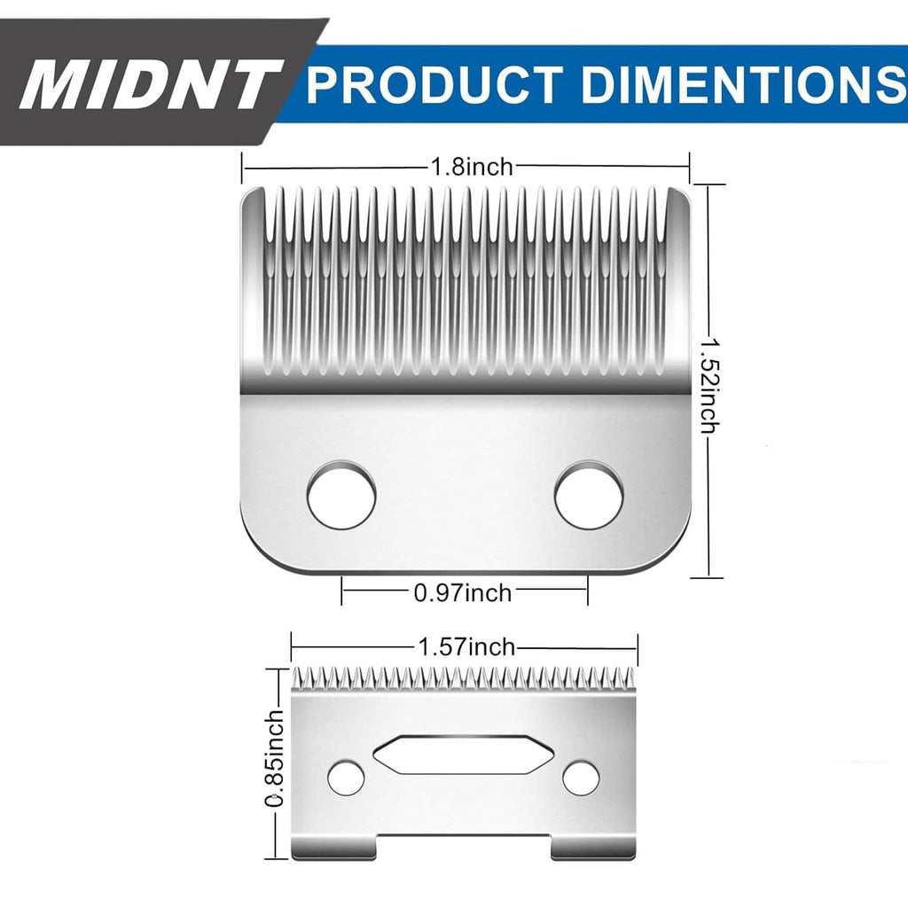 Replacement clipper blades with labeled dimensions in inches for top and base blade