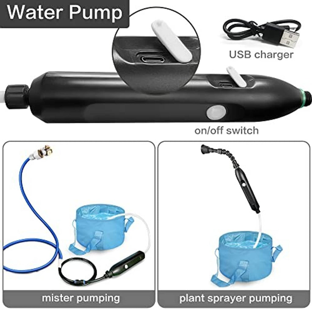 Black water pump with on/off switch and connected blue hose for portable misting.
