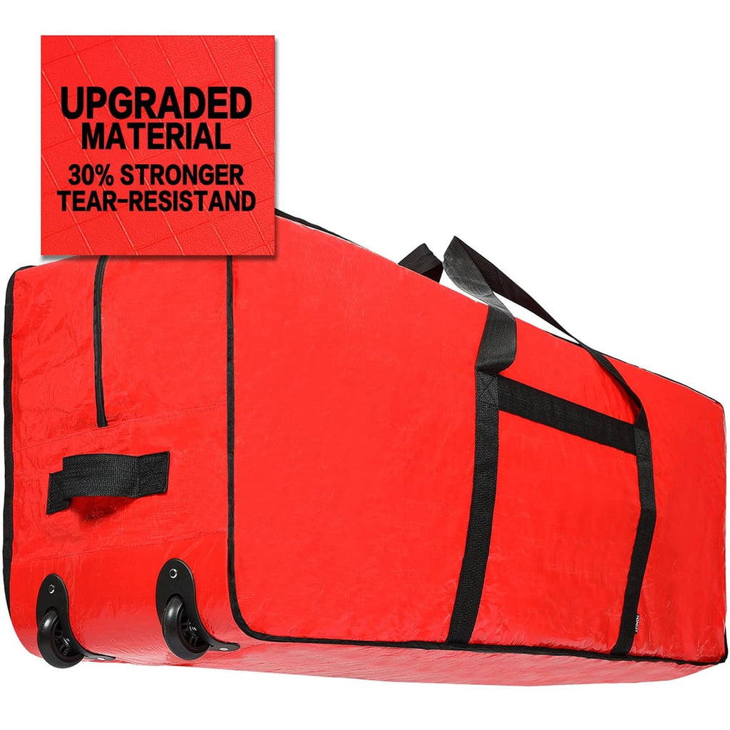Red tree storage bag with black straps and carry loops, reinforced tear-resistant fabric