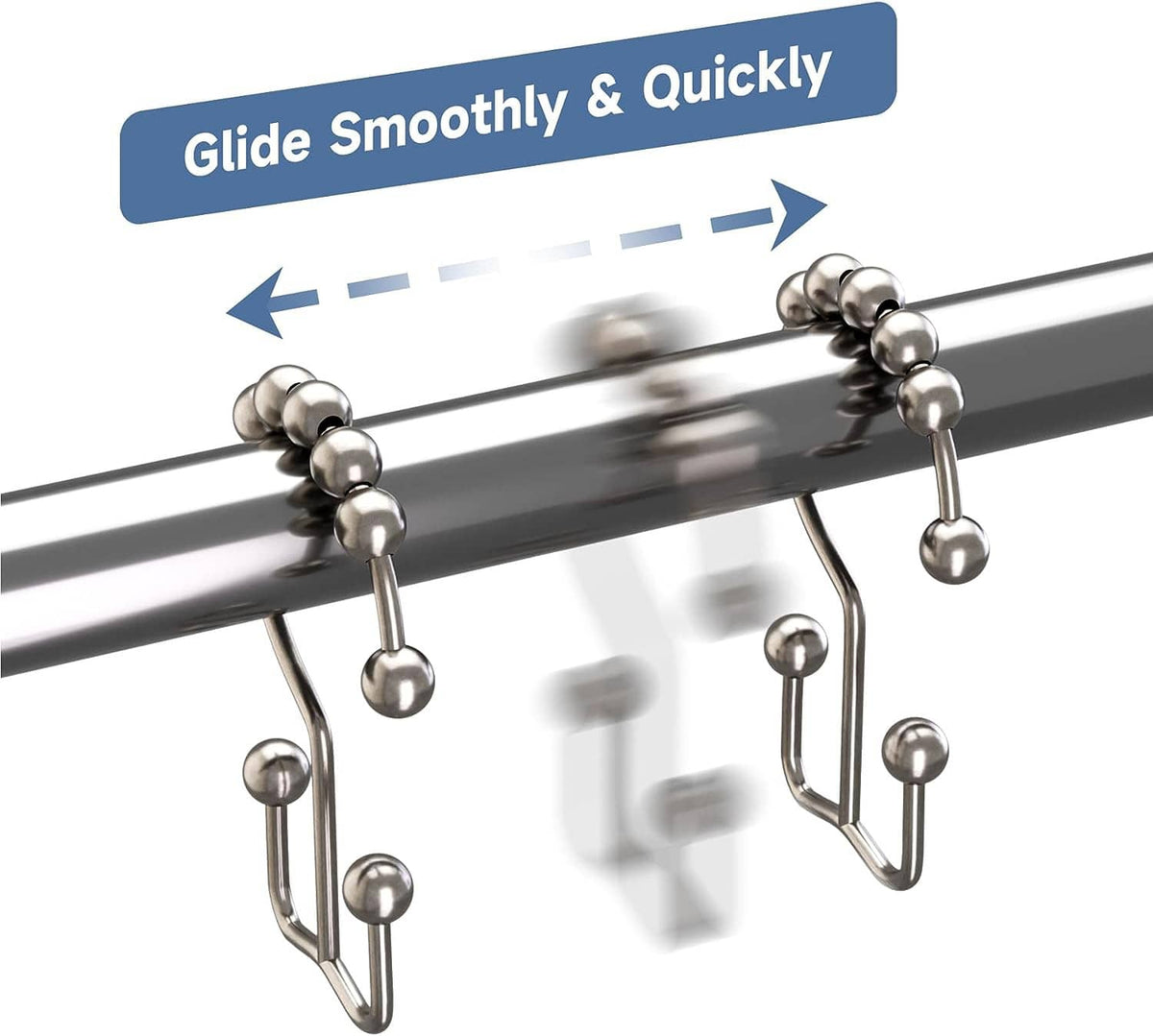 Smooth sliding double-glide shower curtain hook rings on a rail