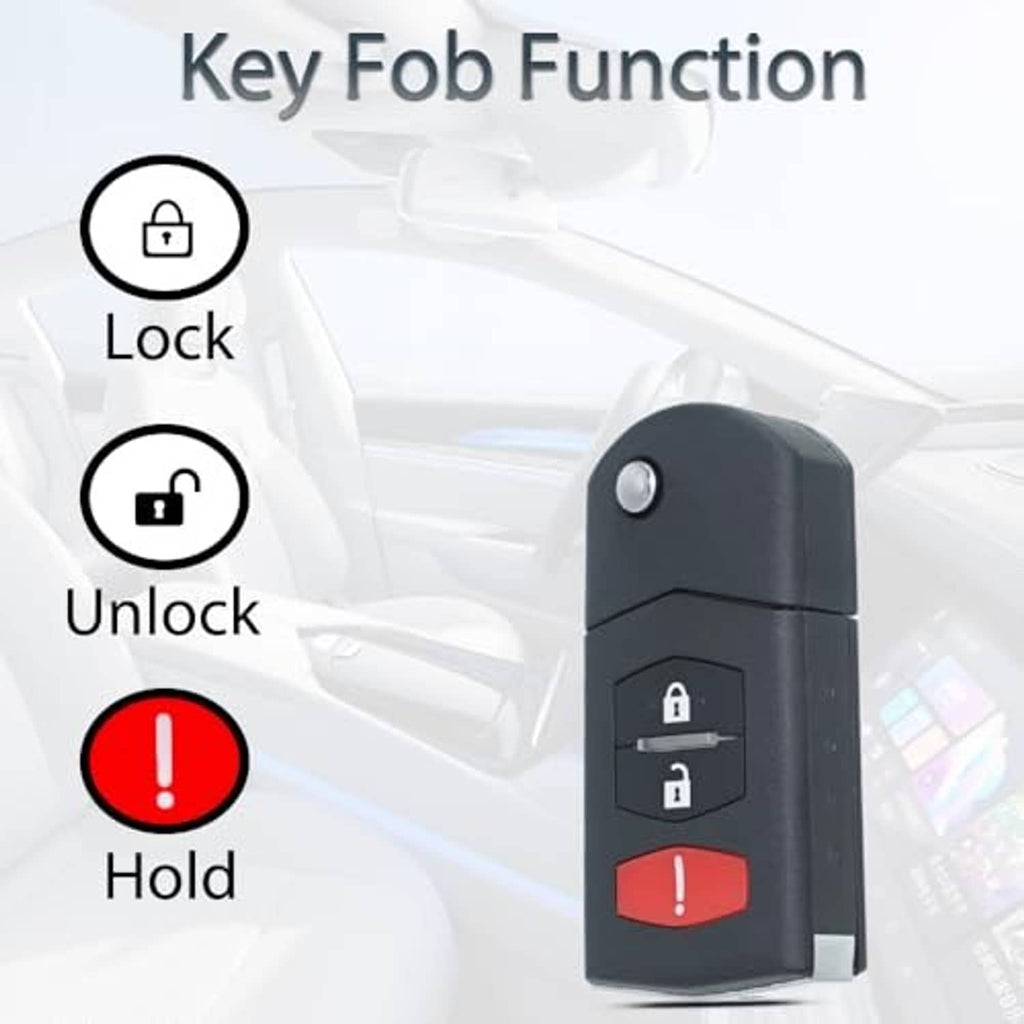 Dark key fob shell replacement demonstrating lock, unlock, and hold functions with red alarm area