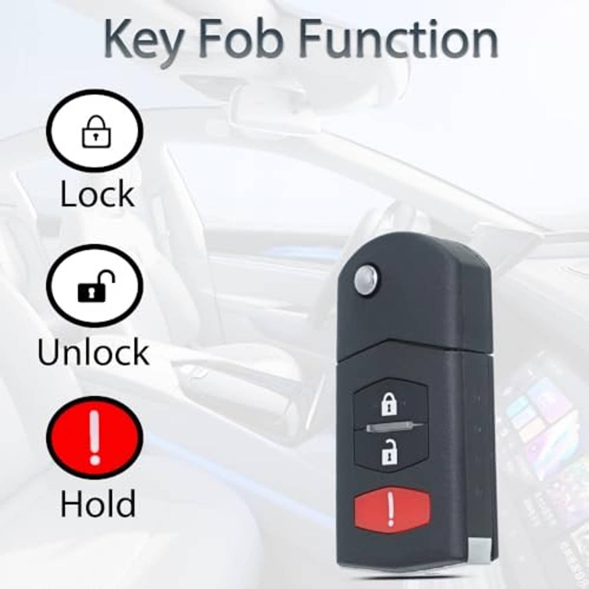 Dark key fob shell replacement demonstrating lock, unlock, and hold functions with red alarm area