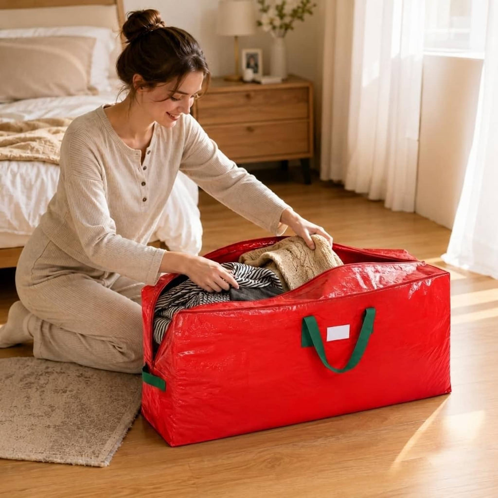 Red Christmas tree storage bag with green handles while being loaded by a person