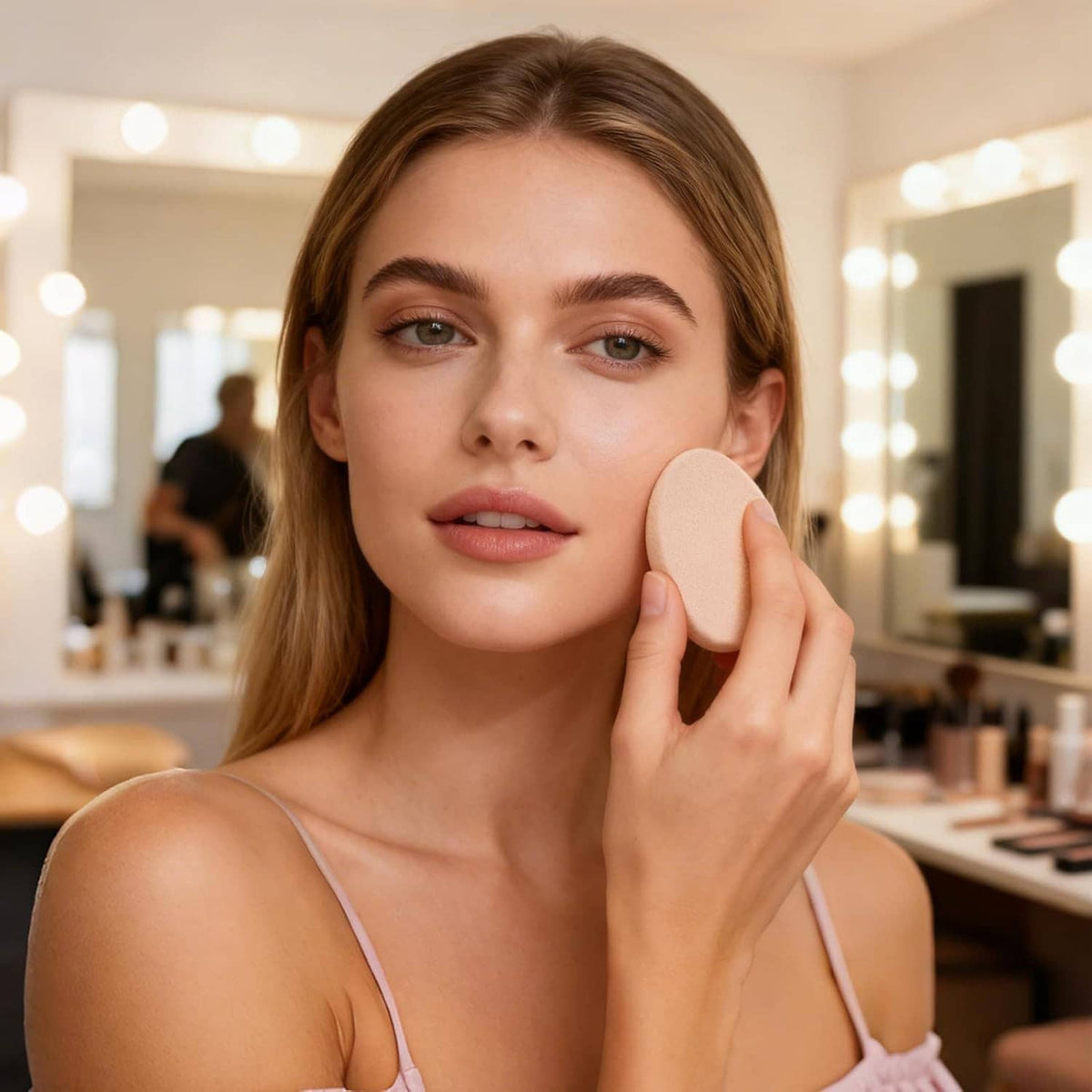 Beige teardrop makeup sponge gently pressed against the cheek for blending