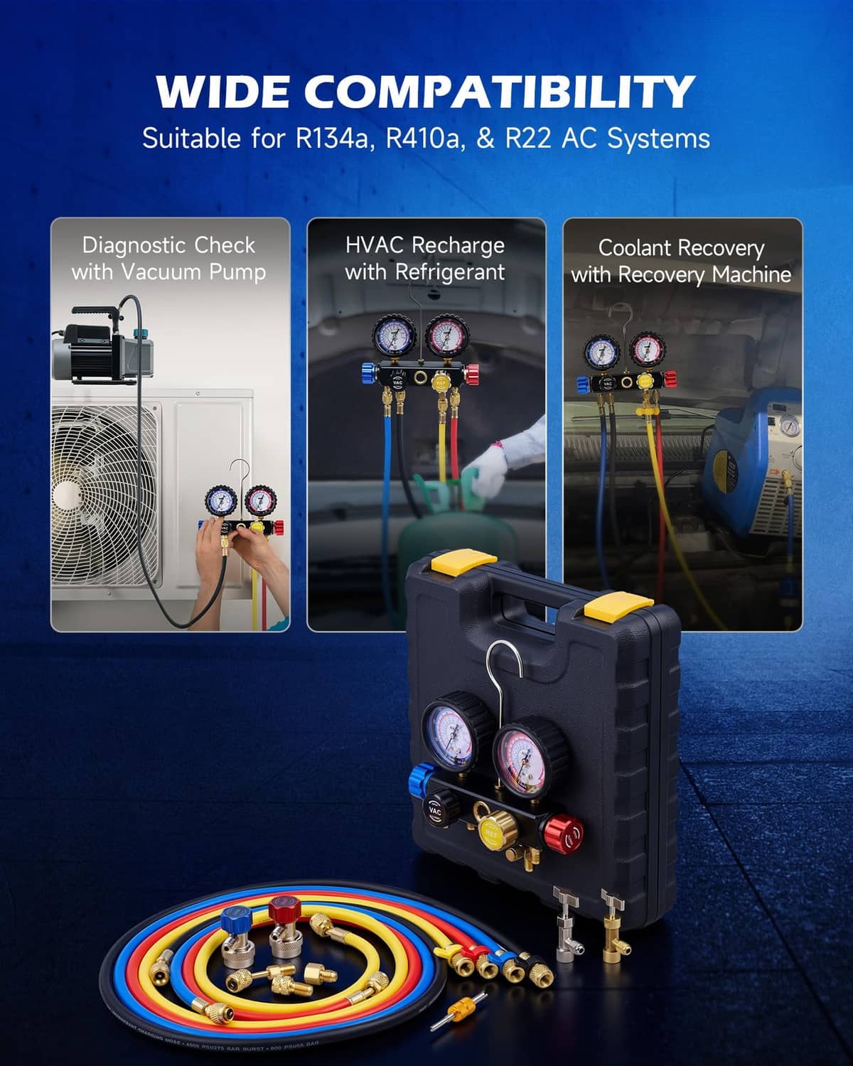 AC manifold gauge set with gauges, multi-color hose kit, and service fittings