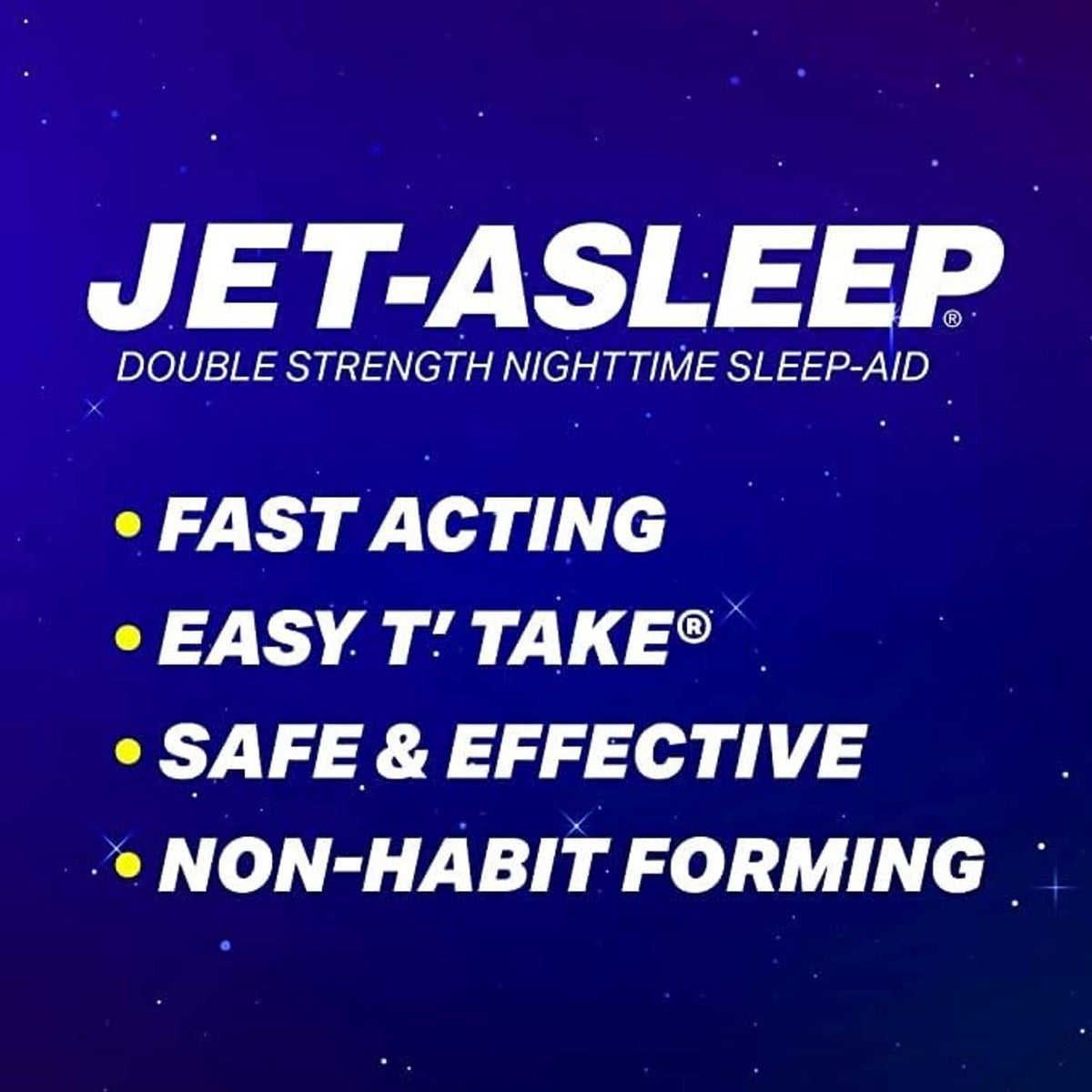 Jet-Asleep double strength nighttime sleep-aid product label with key benefits