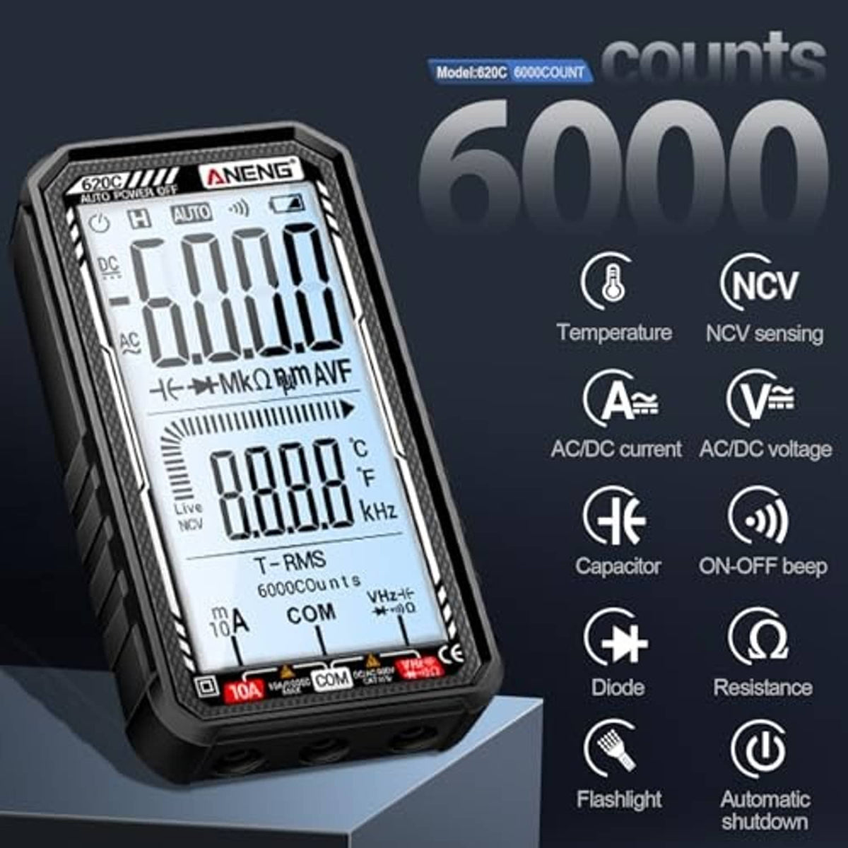 Black digital multimeter tester with LCD readings and feature icon panel