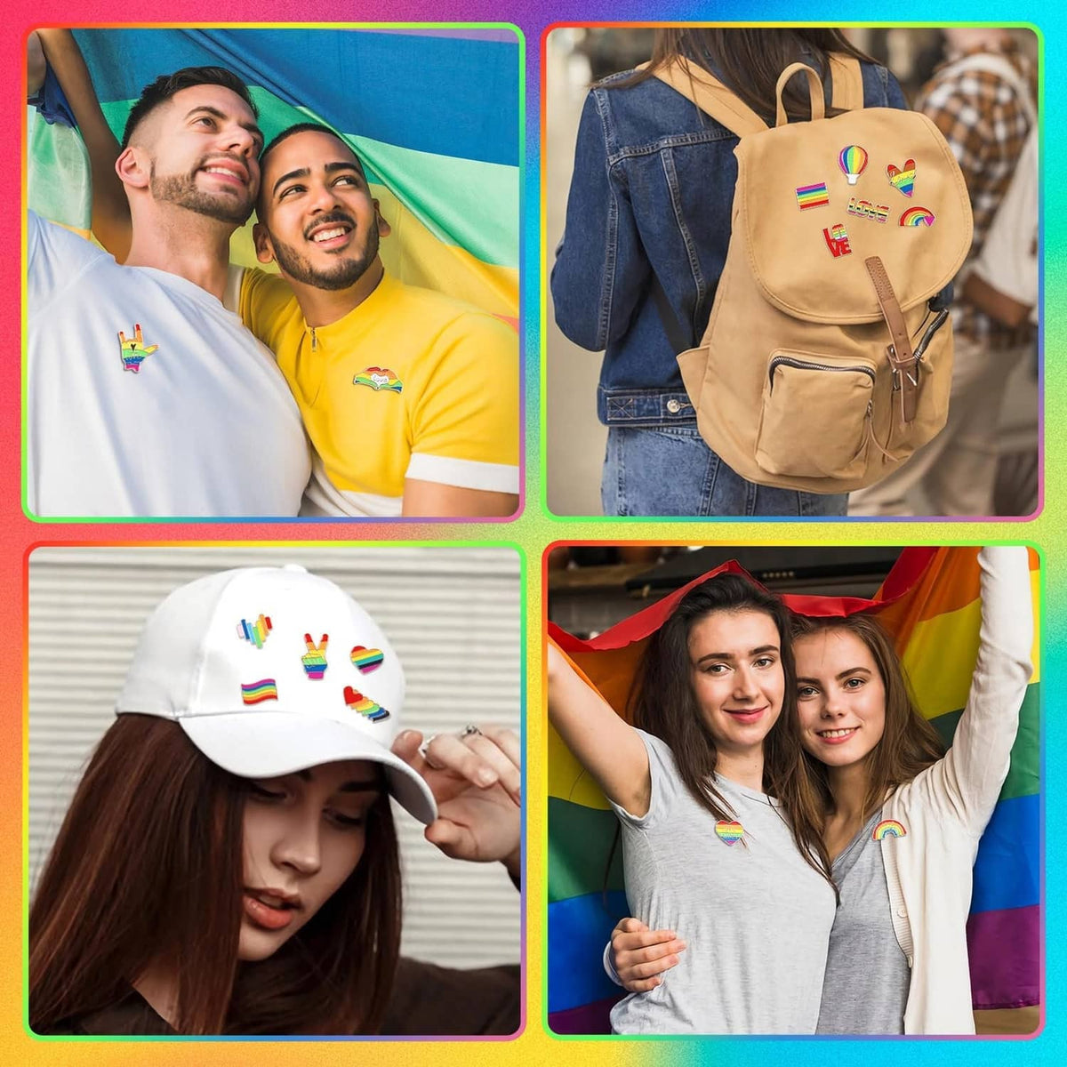 Rainbow Pride enamel pins on caps and shirts in a collage-style product use scene.
