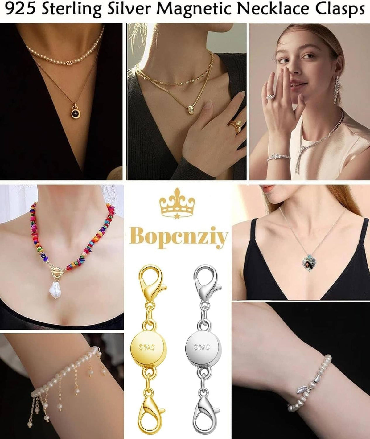 Gold and silver magnetic necklace clasps with round 925 discs and hook connectors