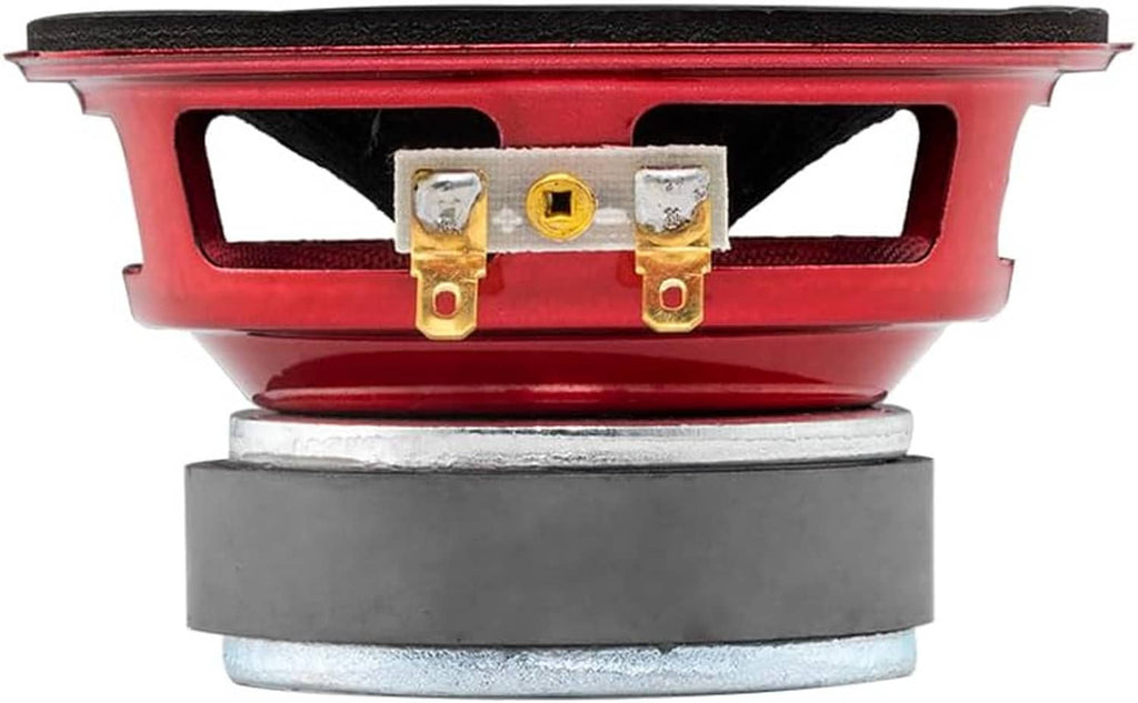 4-inch midrange loudspeaker rear view with red frame, gold terminals, and metal back