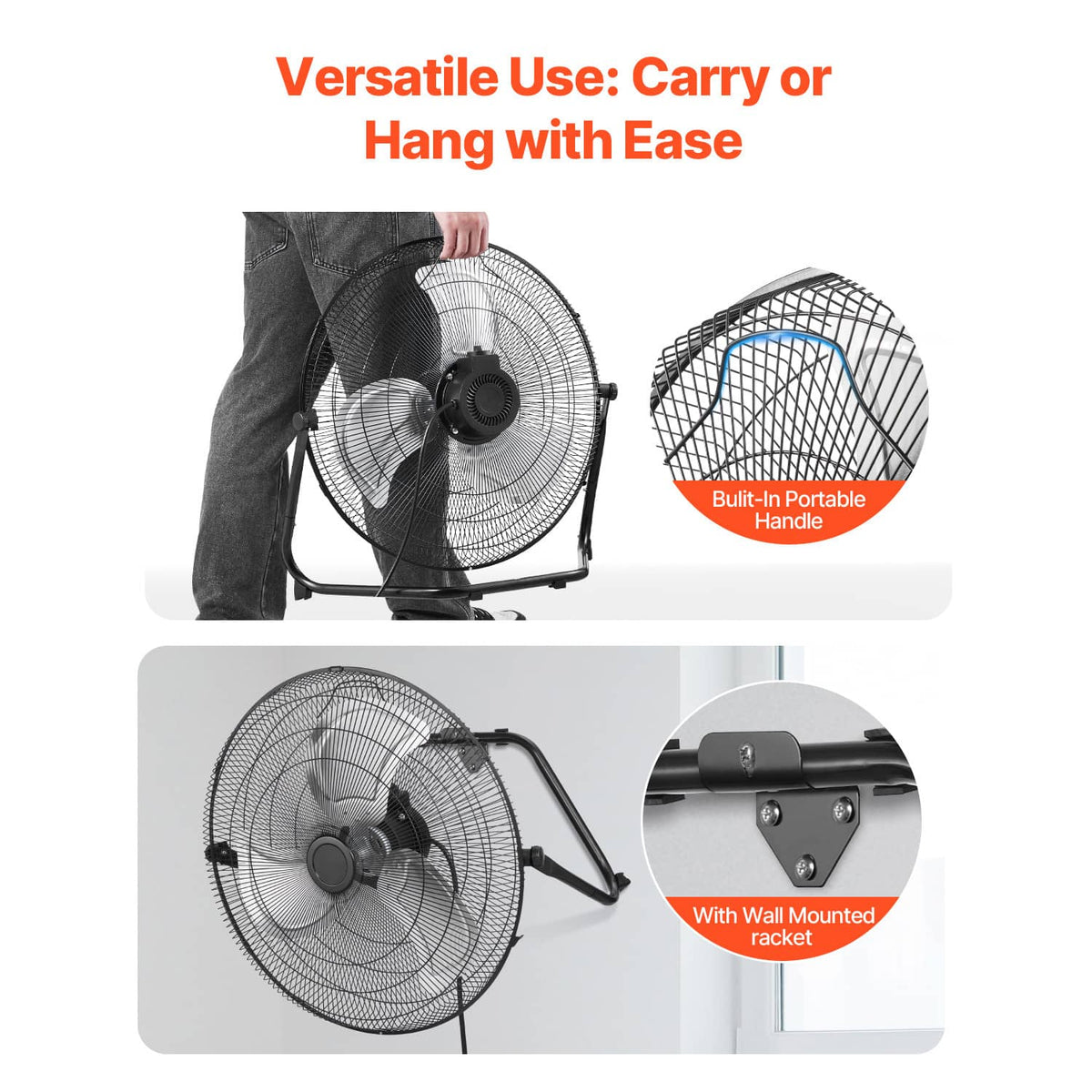 Black floor fan with built-in handle and wall-mount rack, wire grille included