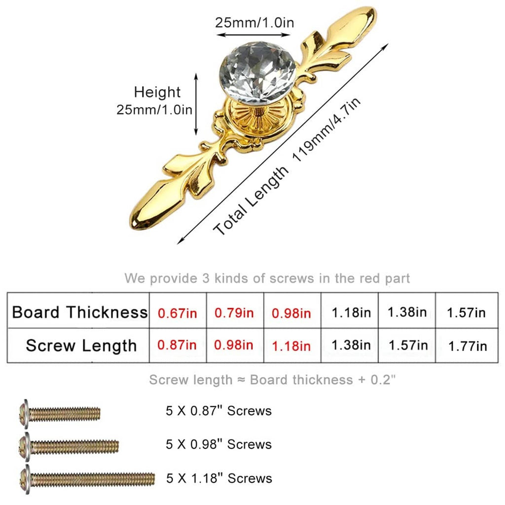 Gold decorative crystal glass knob with clear faceted round stone; size and screw length chart