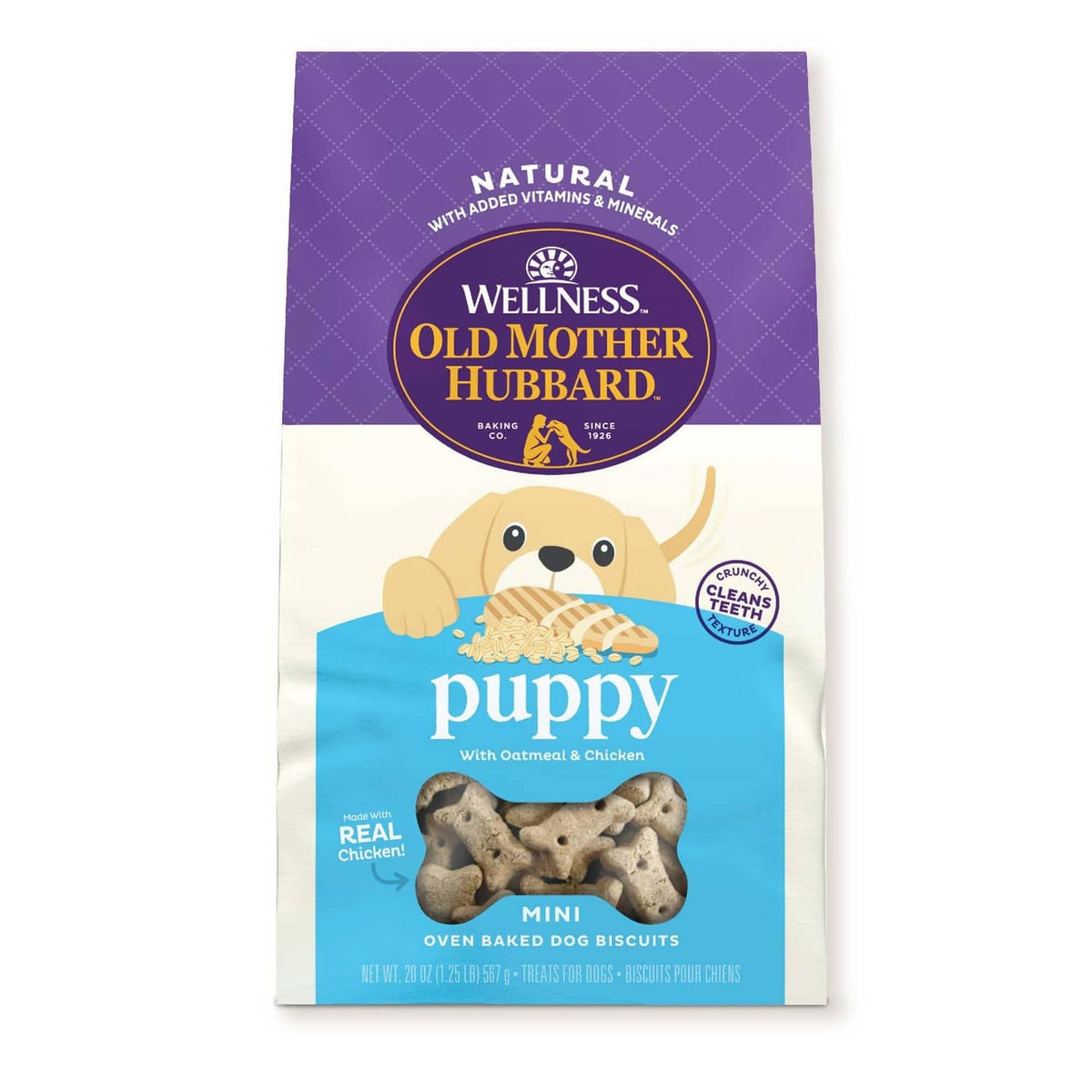 Natural puppy dog biscuit bag, mini oven-baked treats for training, Old Mother Hubbard Wellness