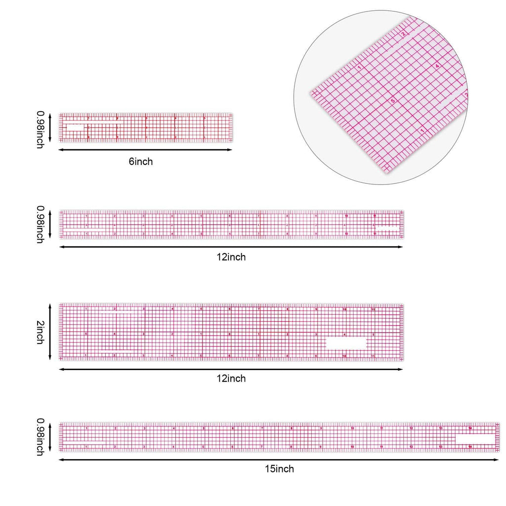 Clear plastic grid rulers showing 6, 12, and 15 inch scale with red markings