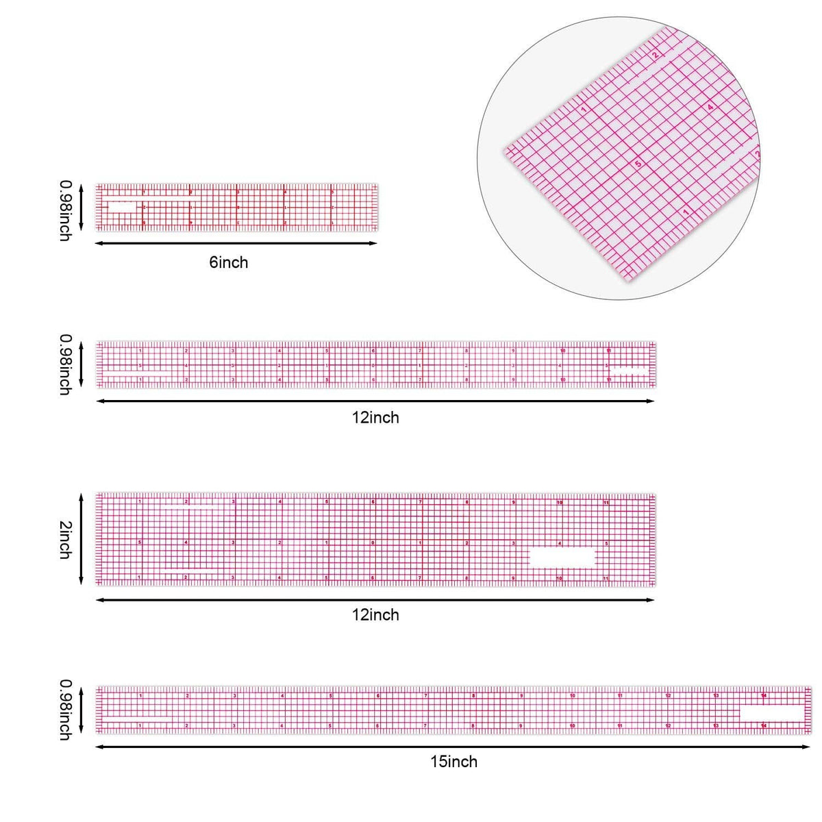 Clear plastic grid rulers showing 6, 12, and 15 inch scale with red markings