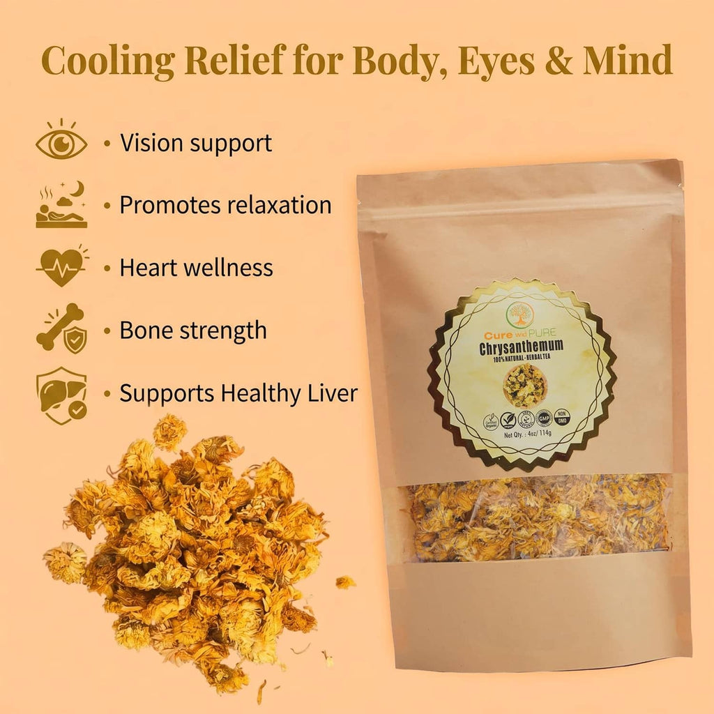 Organic chrysanthemum tea pouch with dried chrysanthemum blossoms
