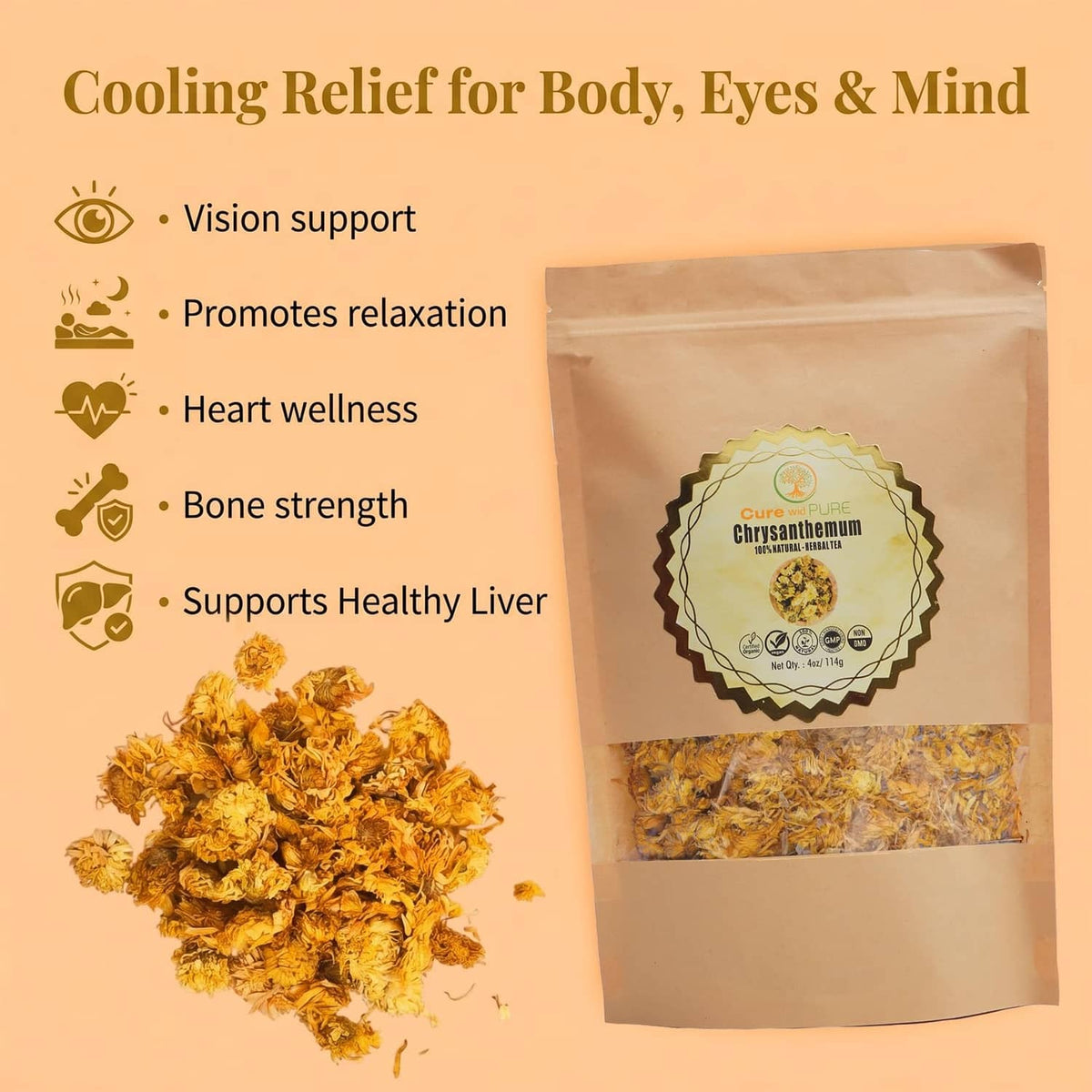 Organic chrysanthemum tea pouch with dried chrysanthemum blossoms