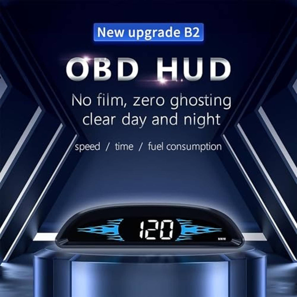 OBD HUD speed display unit with glowing digits shown on the curved screen