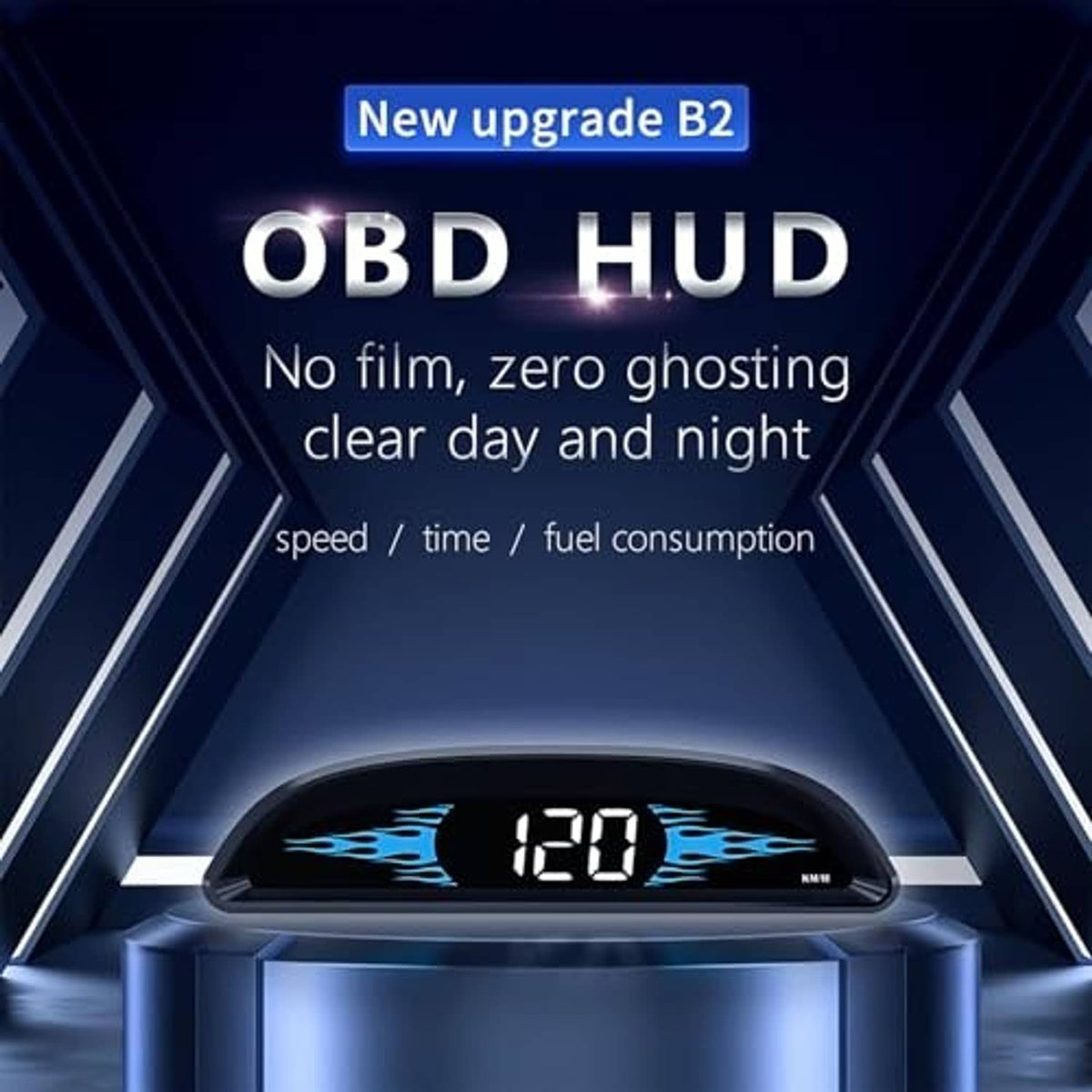 OBD HUD speed display unit with glowing digits shown on the curved screen