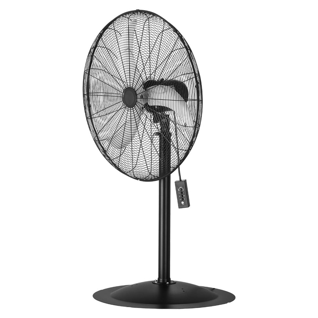 Black pedestal floor fan with circular mesh grille and control panel on stand