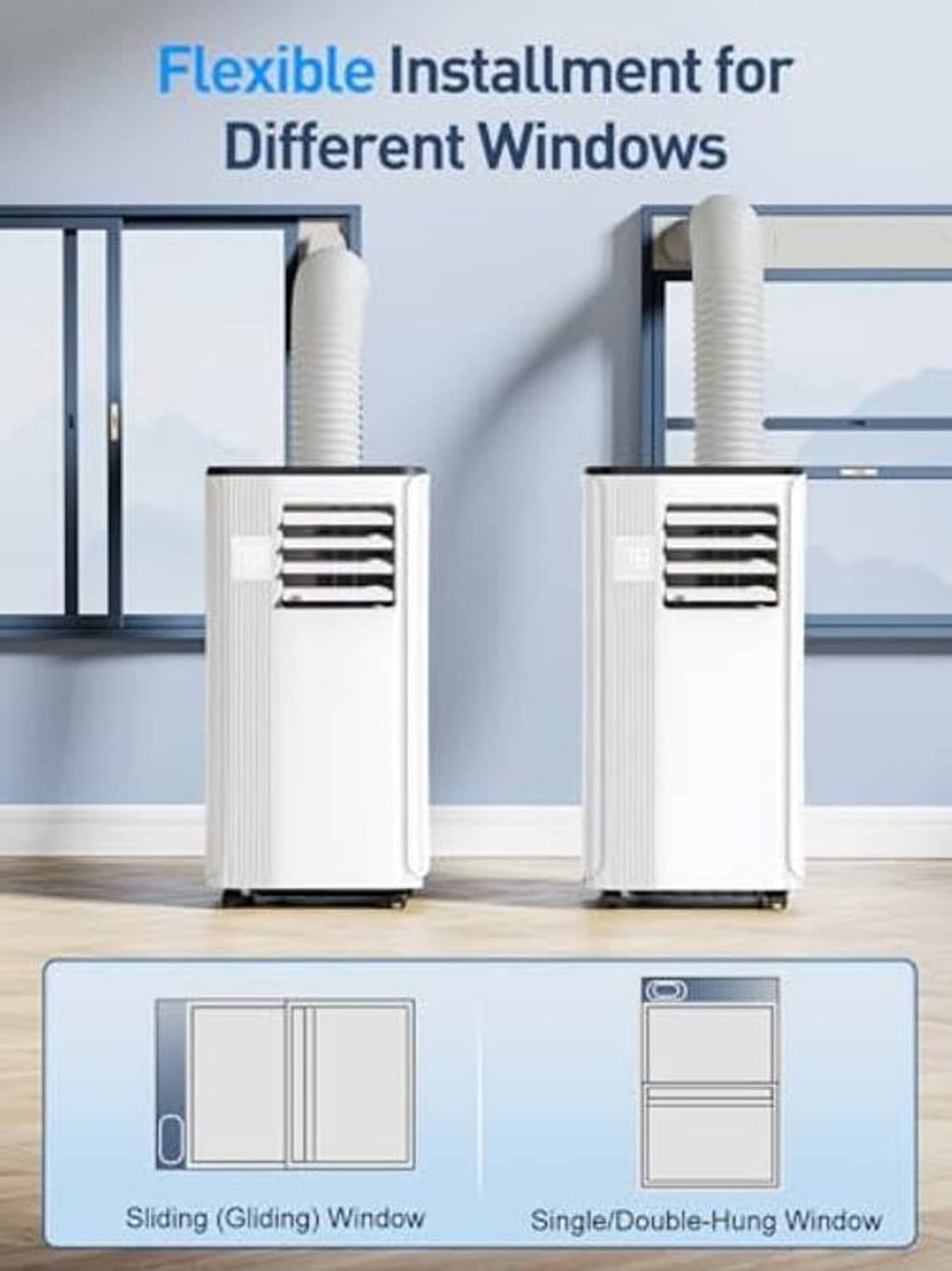 Two white portable air conditioners installed in windows with exhaust hoses