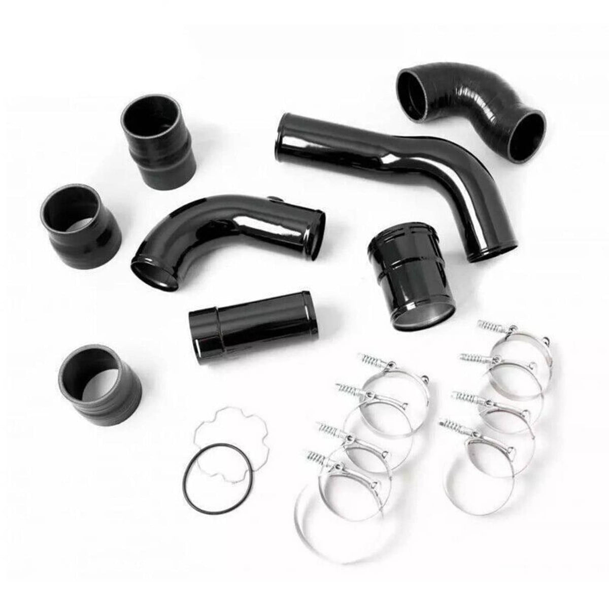 Black silicone intercooler pipe boot parts kit with couplers, O-ring, and metal clamps