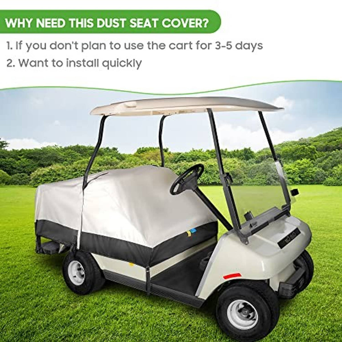 Beige and black golf cart seat cover with side panels on a cart