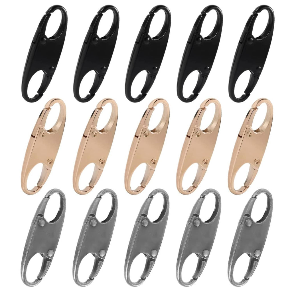 Set of 15 anti-theft zipper clips with oval loop hooks in black, beige, and gray