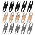 Set of 15 anti-theft zipper clips with oval loop hooks in black, beige, and gray