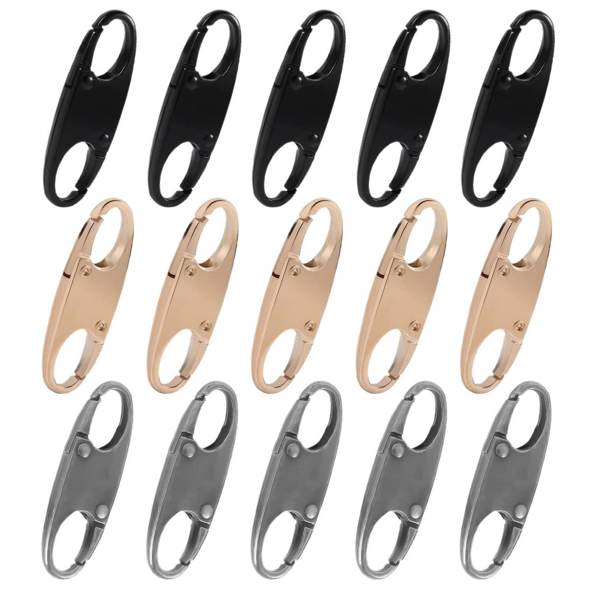 Set of 15 anti-theft zipper clips with oval loop hooks in black, beige, and gray